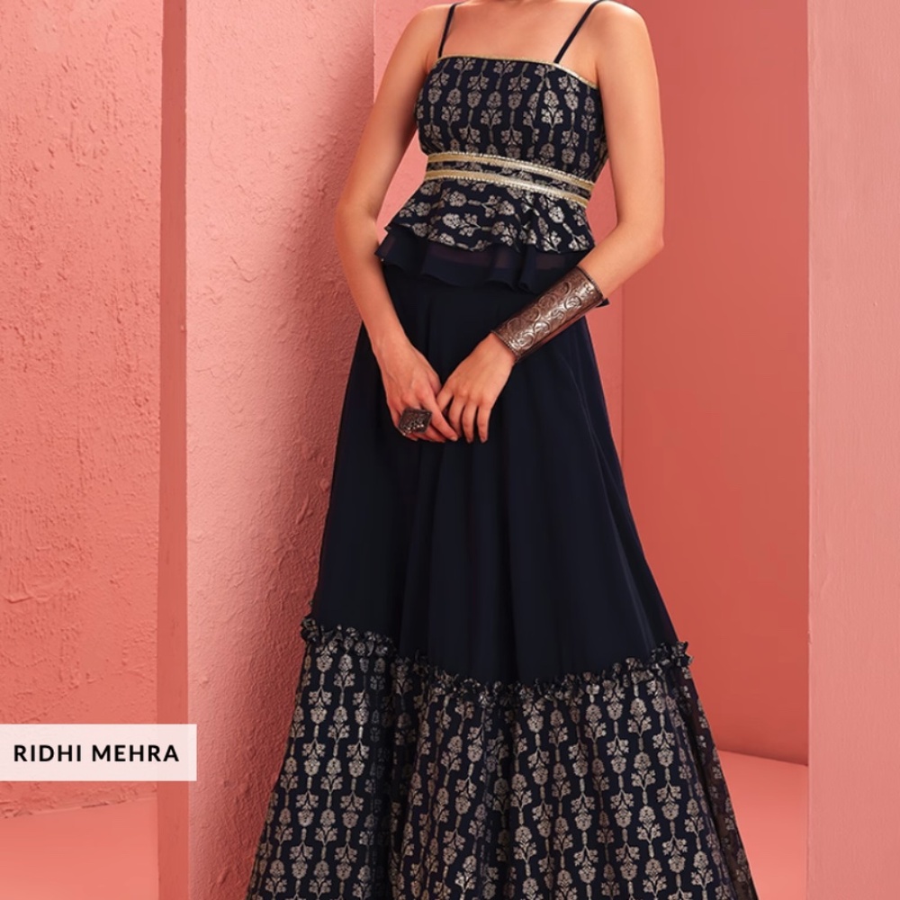 SET: Navy Strappy Peplum, Lehenga Skirt, Dupatta
